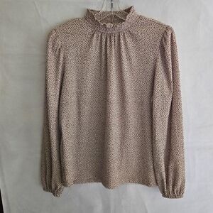 Loft Long Sleeve Beige Dot Smocked Neck M